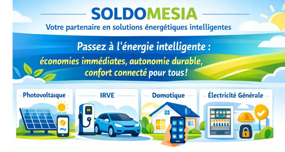 SOLDOMESIA mettant en avant l’électricité générale, la domotique, les panneaux photovoltaïques et les bornes de recharge IRVE pour des solutions énergétiques intelligentes et durables.