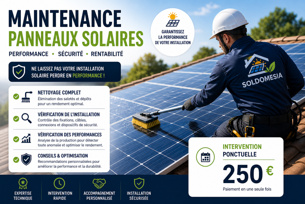 Technicien réalisant la maintenance et le nettoyage de panneaux photovoltaïques pour optimiser leur performance énergétique.