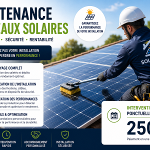 Technicien réalisant la maintenance et le nettoyage de panneaux photovoltaïques pour optimiser leur performance énergétique.