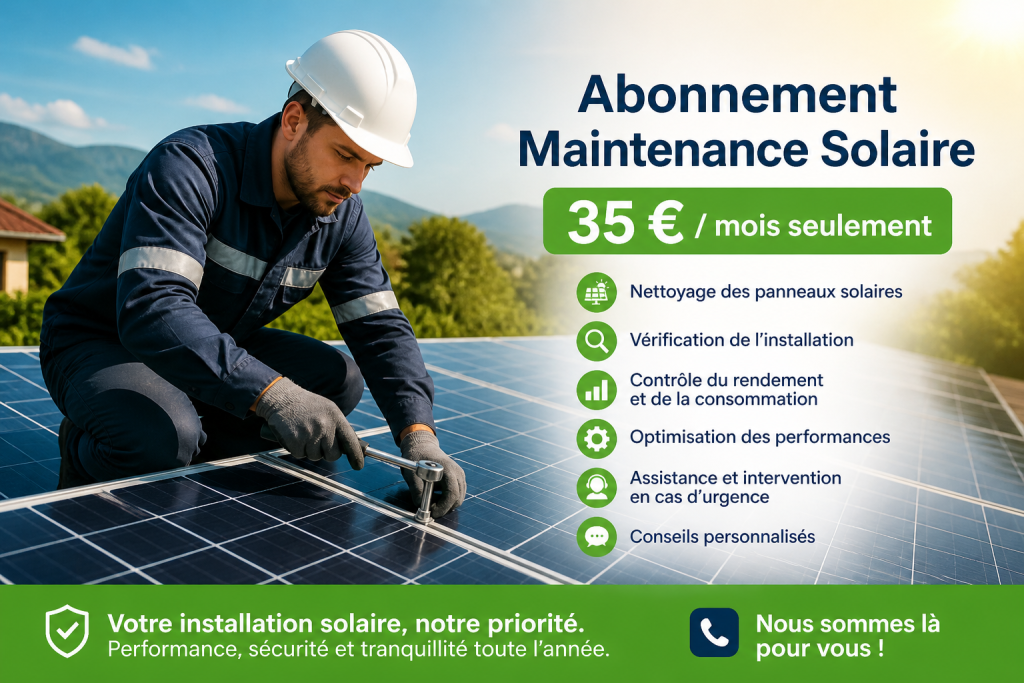 Grâce à un abonnement de maintenance solaire à 35 €/mois, un technicien intervient sur le toit pour nettoyer et vérifier une installation photovoltaïque afin d’assurer son bon fonctionnement et son rendement.