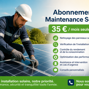 Grâce à un abonnement de maintenance solaire à 35 €/mois, un technicien intervient sur le toit pour nettoyer et vérifier une installation photovoltaïque afin d’assurer son bon fonctionnement et son rendement.