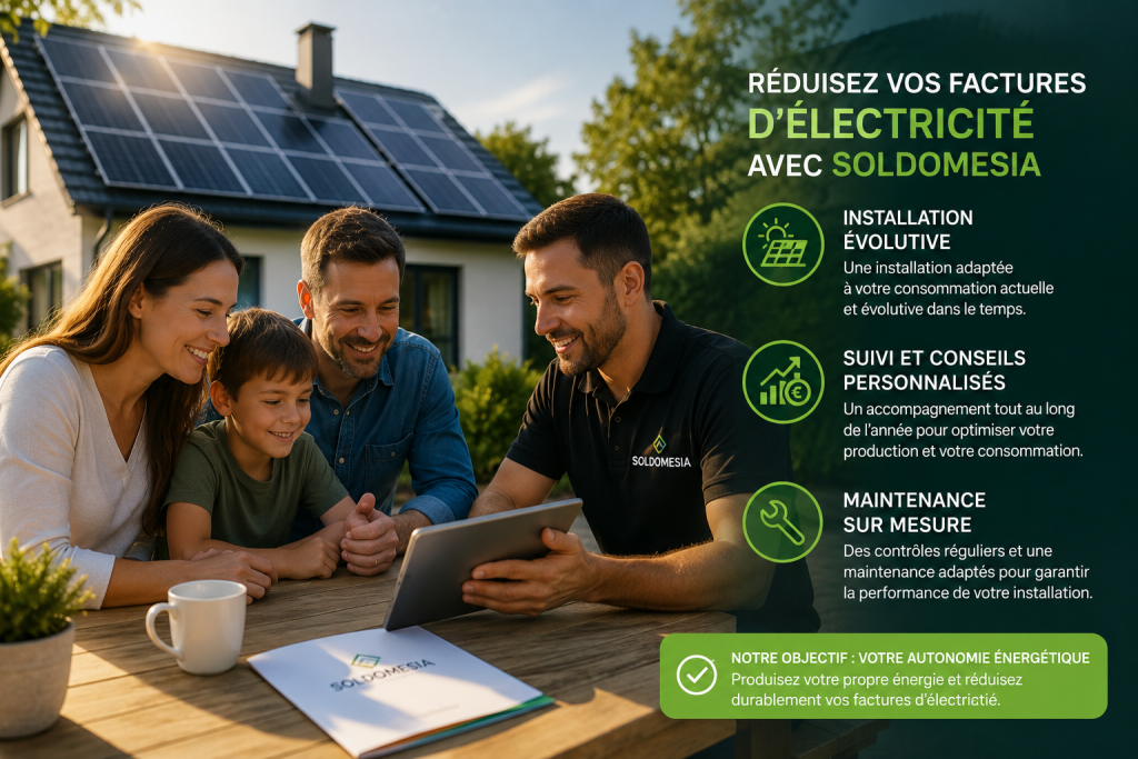 Expert Soldomesia présentant une installation solaire permettant de réduire les factures d’électricité grâce au photovoltaïque.