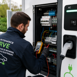 La borne de recharge de véhicule électrique est ouvert et un technicien fait une vérification