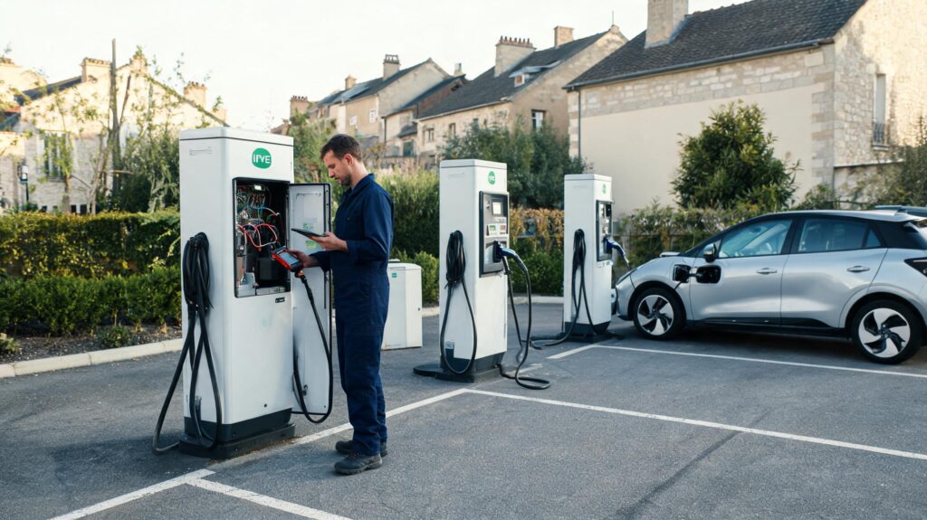 Un technicien effectue la maintenance des borne IRVE