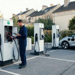 Un technicien effectue la maintenance des borne IRVE