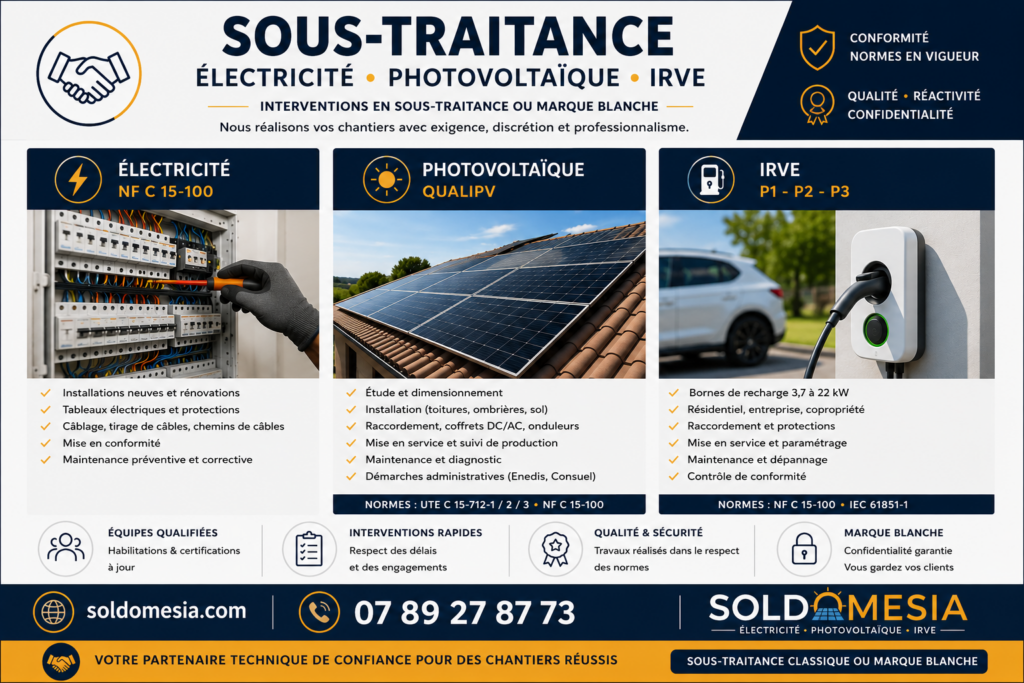 Offre de sous-traitance professionnelle en électricité générale, panneaux photovoltaïques et infrastructures de recharge pour véhicules électriques IRVE