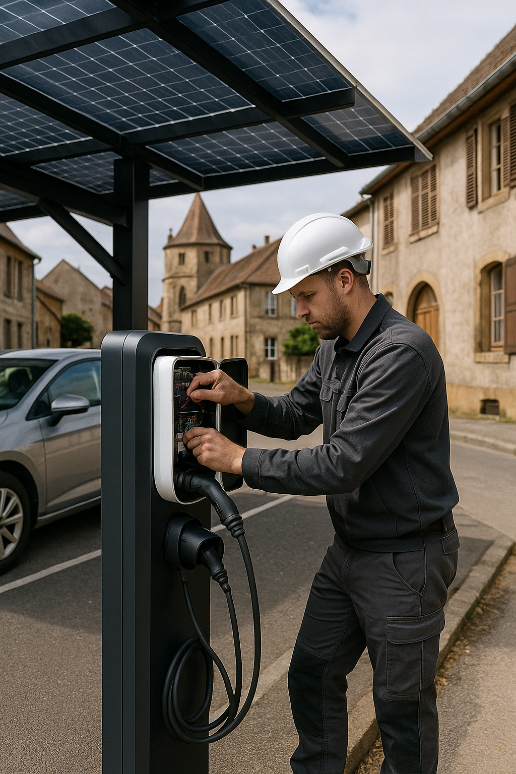 Installation photovoltaïque parking IRVE avec ombrière solaire et bornes de recharge - Soldomesia Moselle