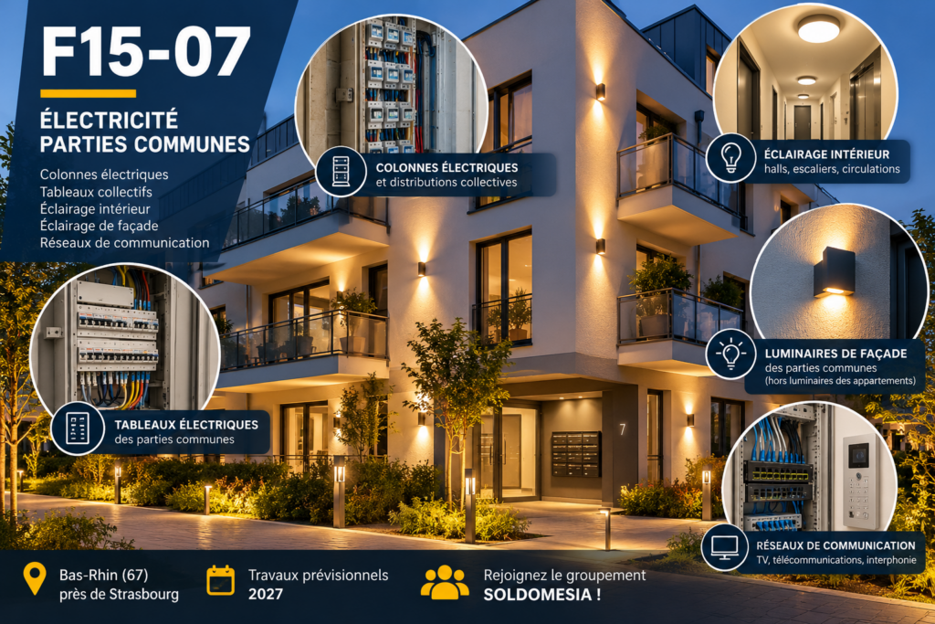 Recherche entreprises partenaires en électricité pour chantier F15-07 : colonnes électriques, tableaux collectifs, éclairage et réseaux de communication dans le Bas-Rhin.