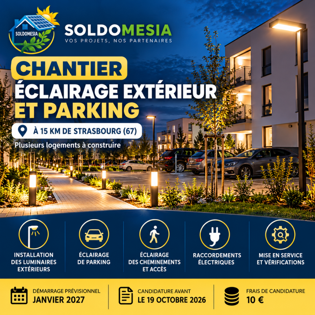 Chantier éclairage extérieur et parking près de Strasbourg – Recherche entreprise partenaire SOLDOMESIA