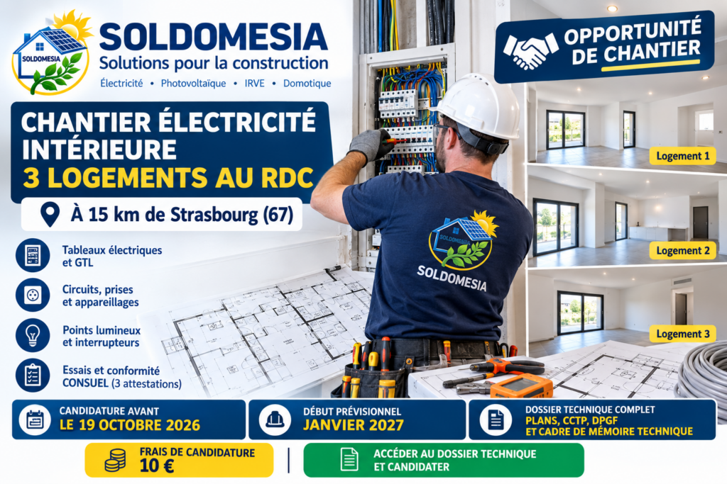 Chantier électricité intérieure de 3 logements près de Strasbourg – recherche d'entreprise partenaire SOLDOMESIA