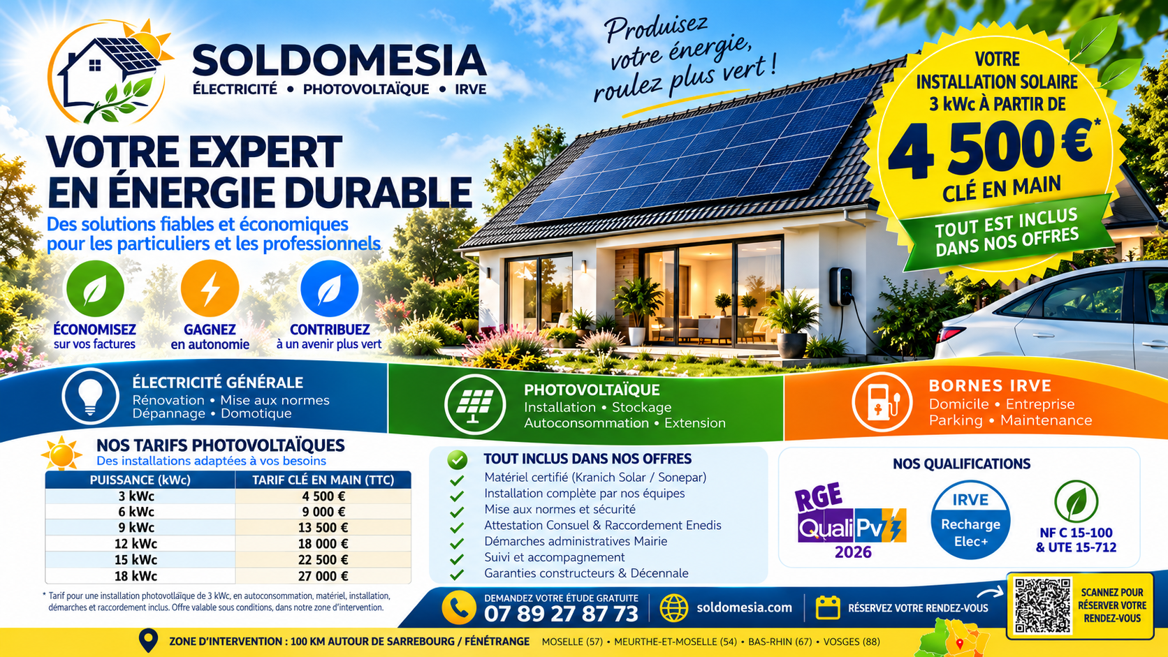 Panneaux solaires à Sarrebourg : installation photovoltaïque dès 4 500 € avec Soldomesia